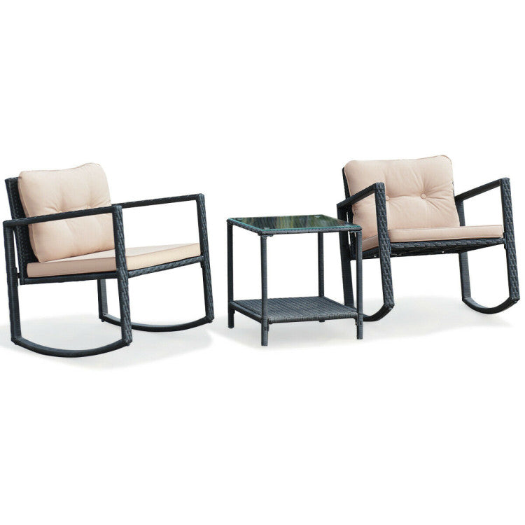 Outdoor 3 Pieces Cushioned Patio Rattan Set with Rocking Chair and Table