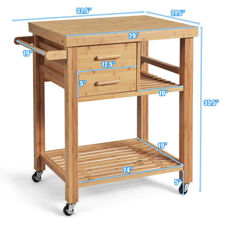 Modern Bamboo Kitchen Trolley Cart with Tower Rack and Drawers