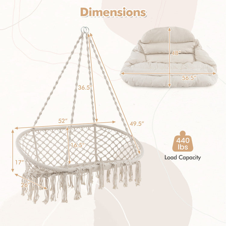 Outdoor Hand-Woven Rope Hanging Chair with Thick Cushion and Folding Metal Frame