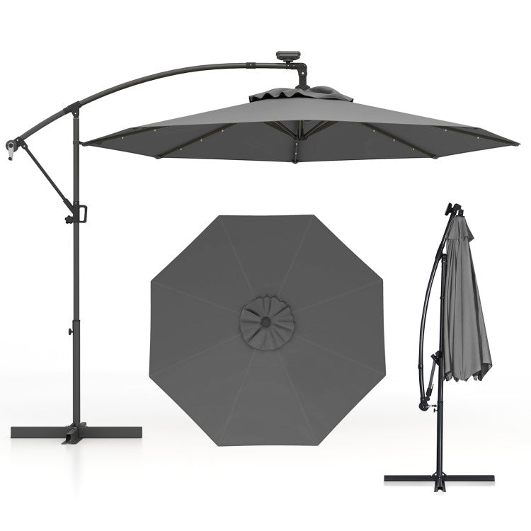 Outdoor 10 Feet 360° Rotation Solar Powered LED Patio Offset Umbrella without Weight Base