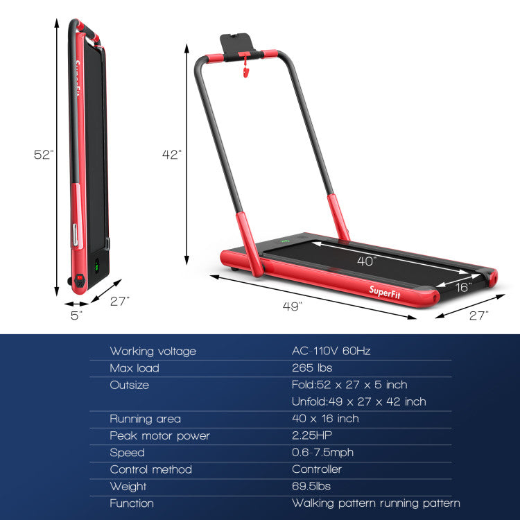Fitness 2.25 HP 2-in-1 Folding Walking Pad Treadmill with Remote Control and LED Display