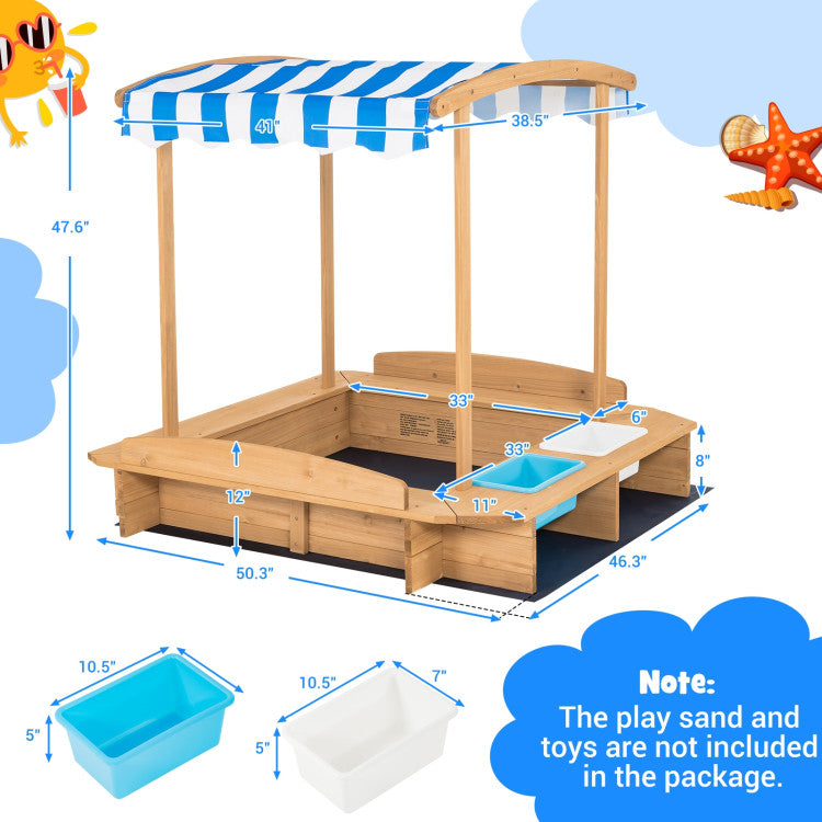 Outdoor Kids Wooden Sandbox with Striped Canopy