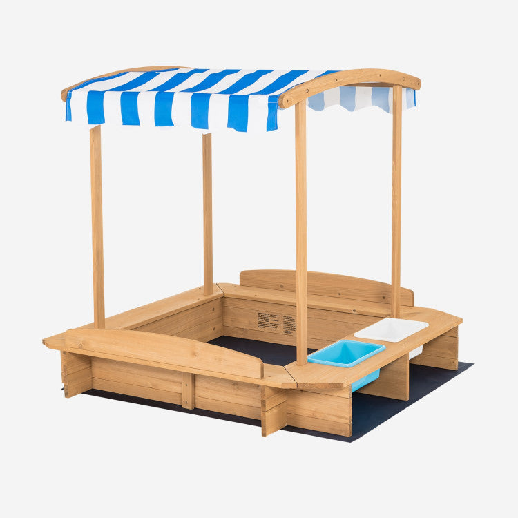 Outdoor Kids Wooden Sandbox with Striped Canopy