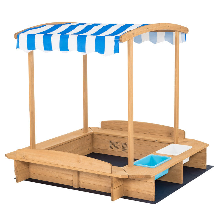 Outdoor Kids Wooden Sandbox with Striped Canopy