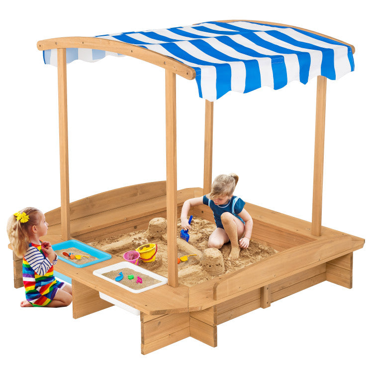Outdoor Kids Wooden Sandbox with Striped Canopy