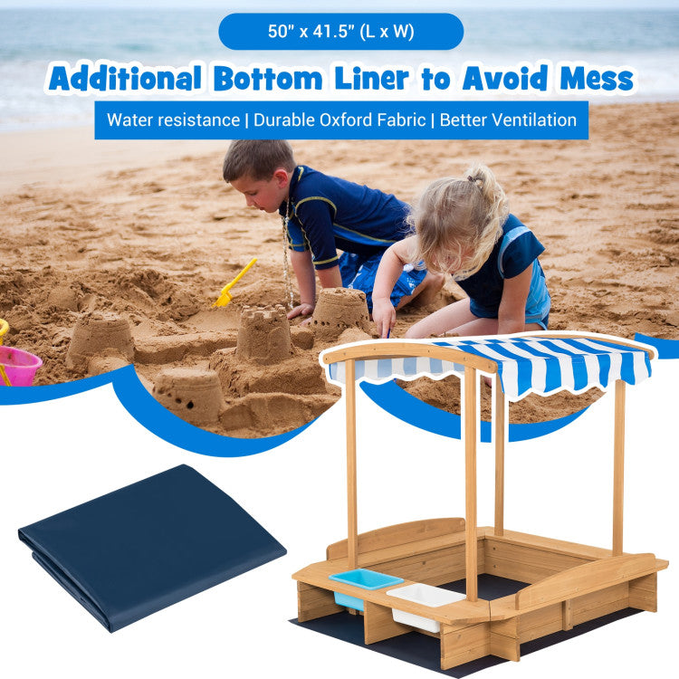 Outdoor Kids Wooden Sandbox with Striped Canopy