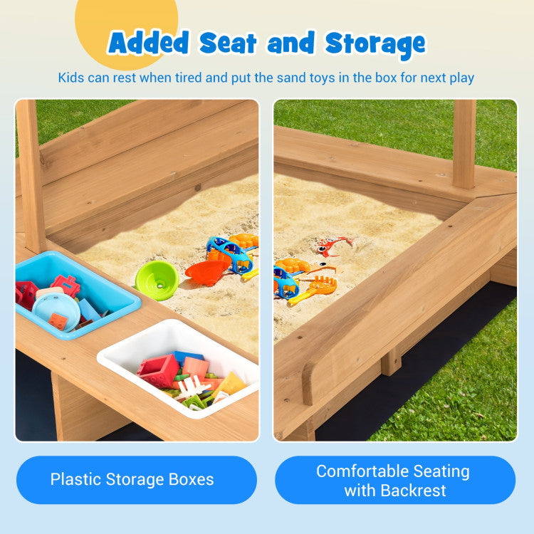 Outdoor Kids Wooden Sandbox with Striped Canopy
