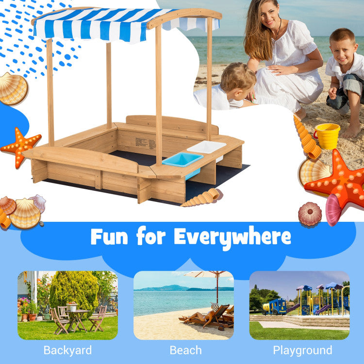 Outdoor Kids Wooden Sandbox with Striped Canopy