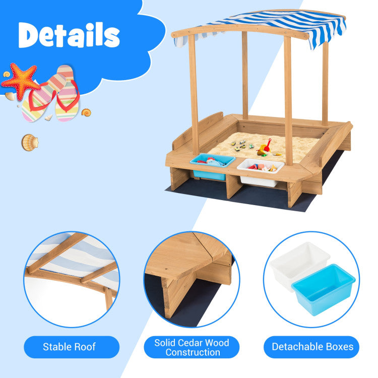 Outdoor Kids Wooden Sandbox with Striped Canopy