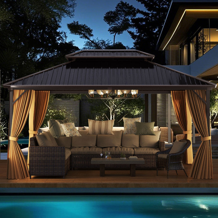 New 16 x 12 Feet Hardtop Gazebo Aluminum Frame Permanent Pavilion with Curtains and Netting