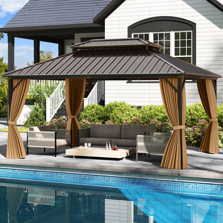 New 16 x 12 Feet Hardtop Gazebo Aluminum Frame Permanent Pavilion with Curtains and Netting