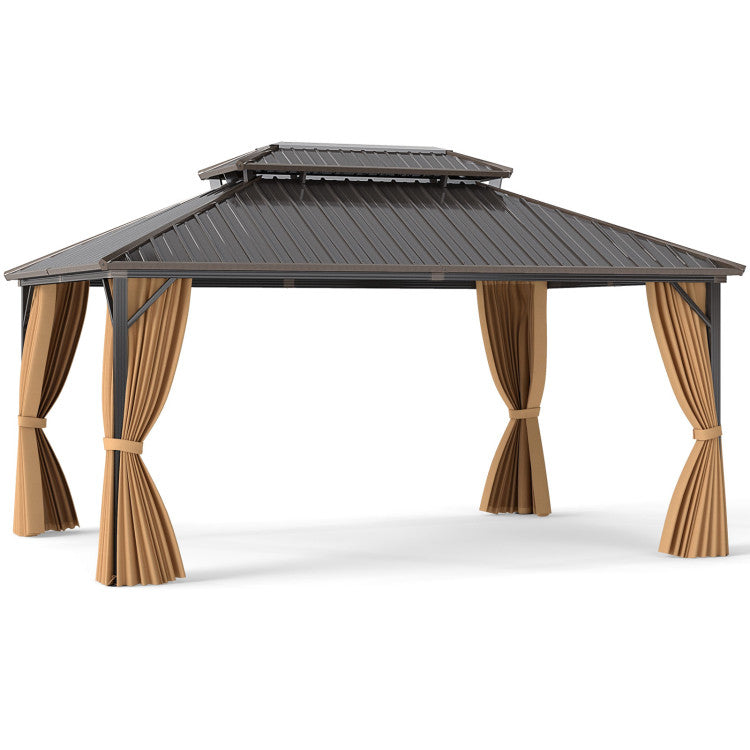 New 16 x 12 Feet Hardtop Gazebo Aluminum Frame Permanent Pavilion with Curtains and Netting
