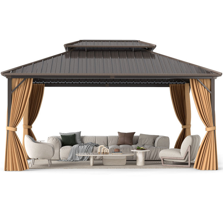 New 16 x 12 Feet Hardtop Gazebo Aluminum Frame Permanent Pavilion with Curtains and Netting