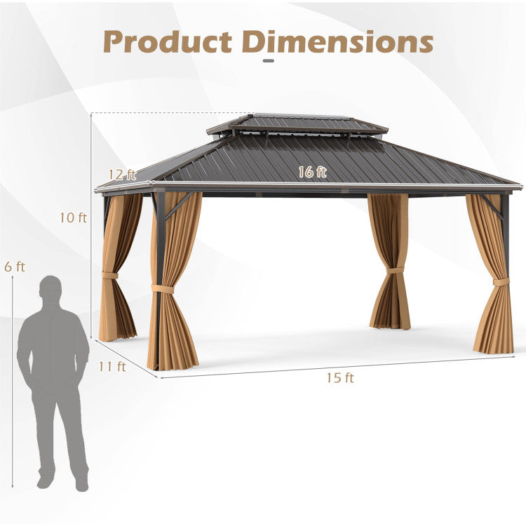 New 16 x 12 Feet Hardtop Gazebo Aluminum Frame Permanent Pavilion with Curtains and Netting