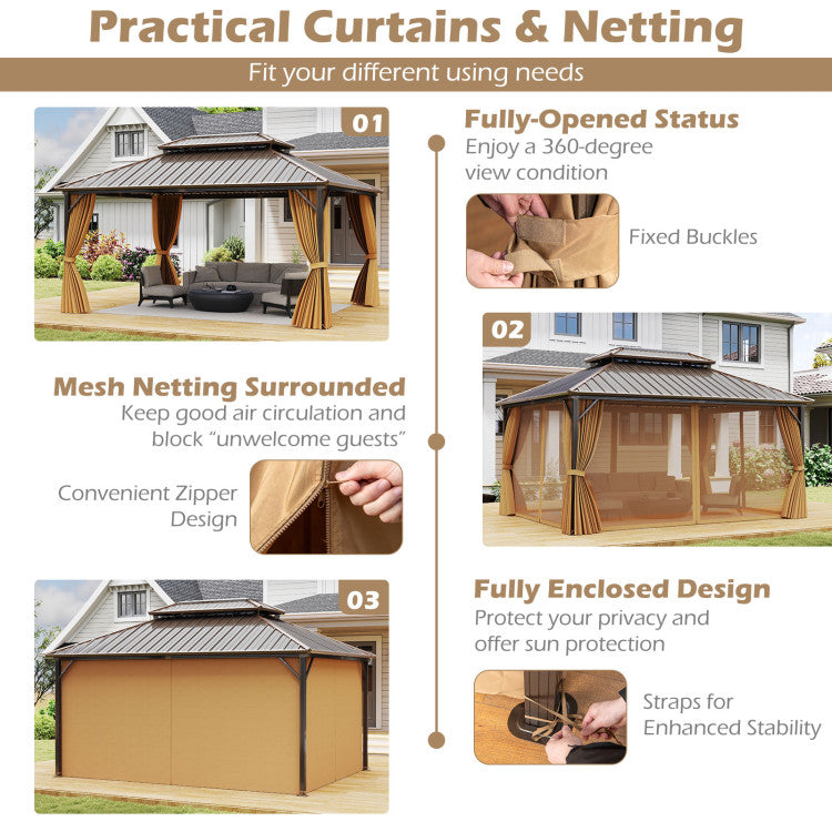New 16 x 12 Feet Hardtop Gazebo Aluminum Frame Permanent Pavilion with Curtains and Netting