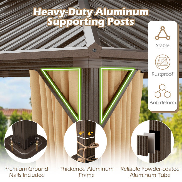 New 16 x 12 Feet Hardtop Gazebo Aluminum Frame Permanent Pavilion with Curtains and Netting
