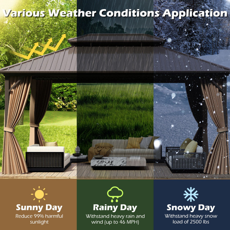 New 16 x 12 Feet Hardtop Gazebo Aluminum Frame Permanent Pavilion with Curtains and Netting