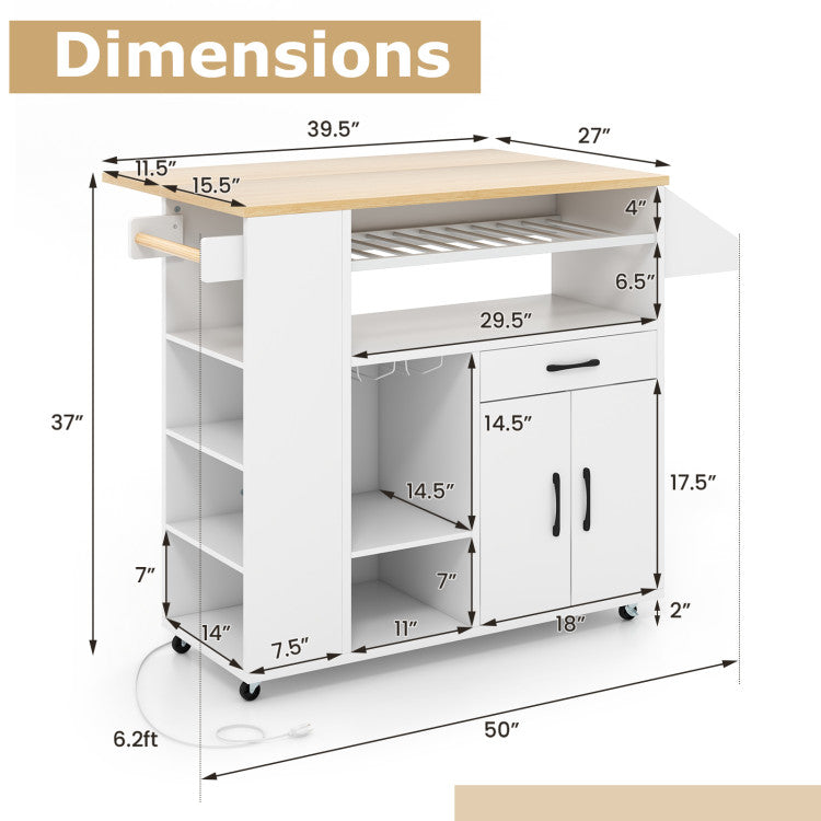 Modern Rolling Kitchen Island Cart with Power Outlet for Dining Room